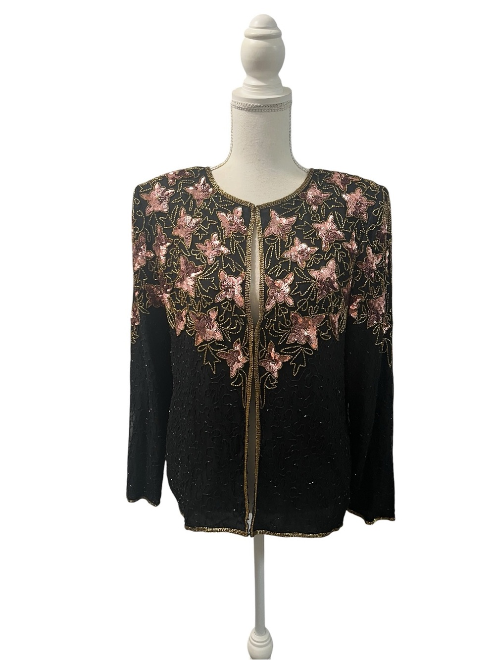 Stenay Vintage 80s Beaded Sequined Jacket Black Rose Gold 100% Silk  S Party NWT